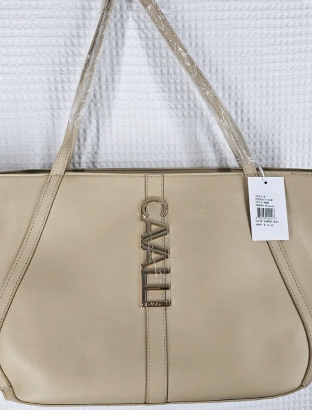 Cavalli Class Cream Color Sandra Tote with Gold Logo Hardware New